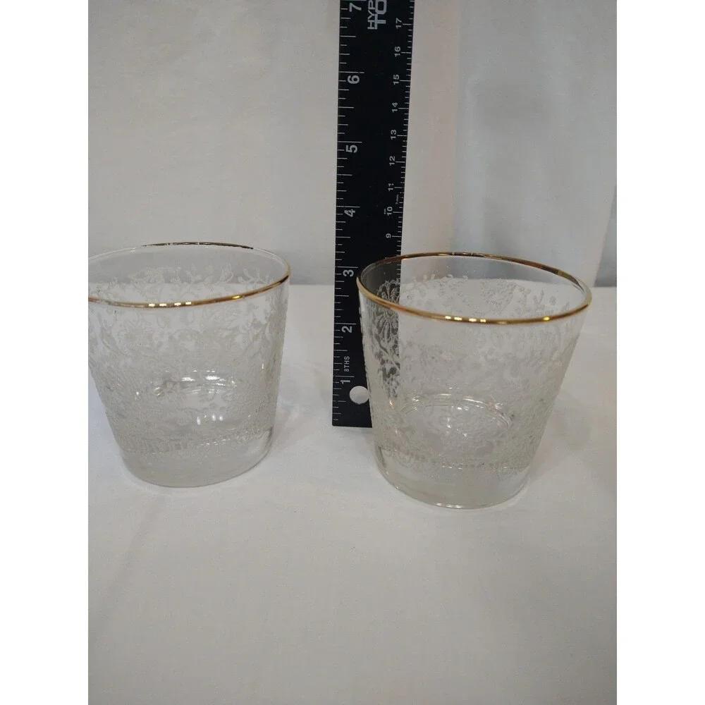 Set of 2 Vintage Gold Band Rim Whiskey Glasses Raised Floral Etch Old Fashioned